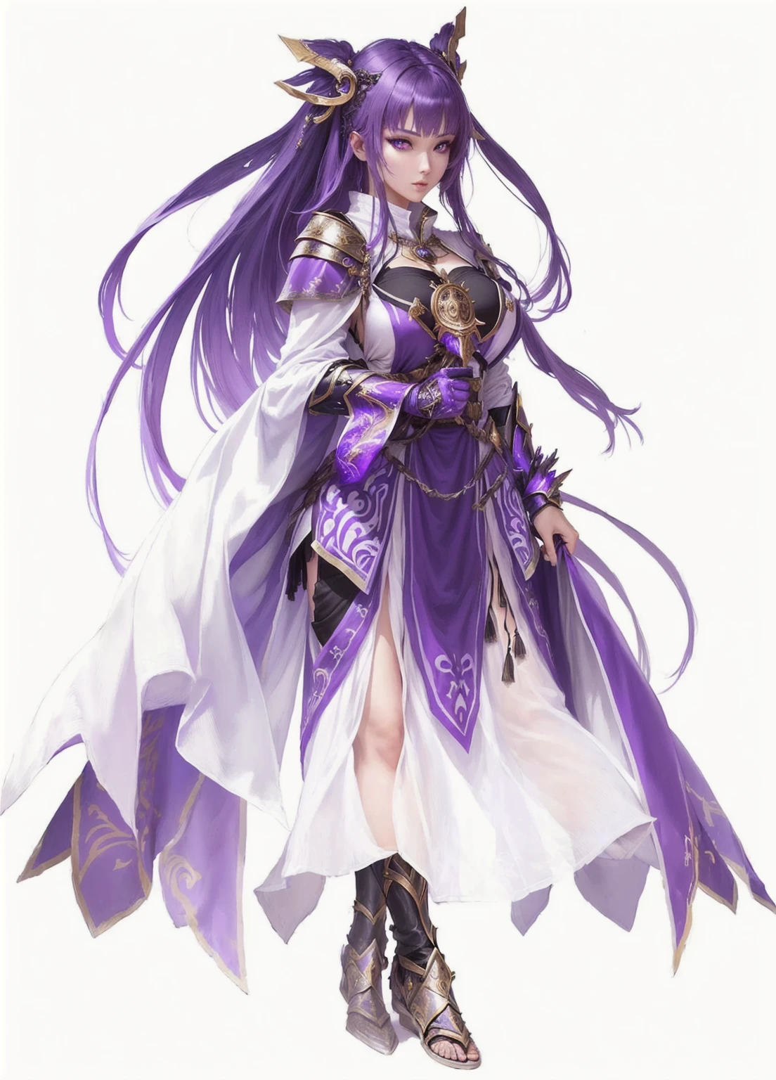 female warrior, sexy, attractive body, pretty face, female priestess knight, wear priestess clothes, purple hair, purple eyes, almond eyes,