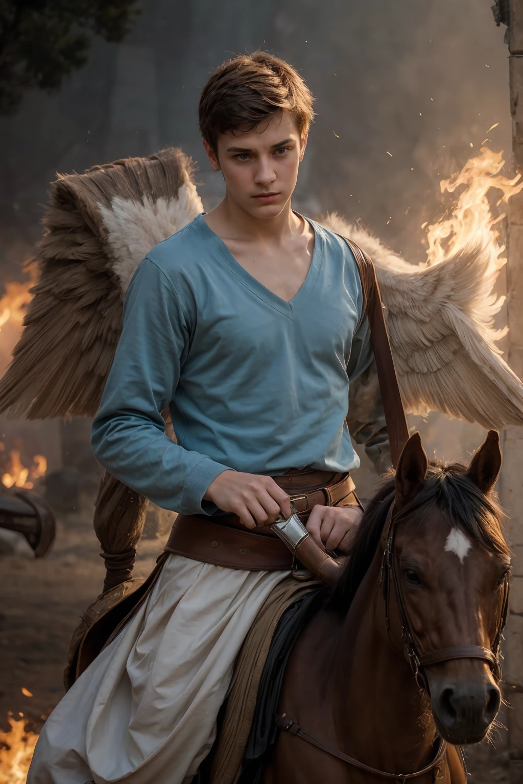 A 18-year-old male twink with a cute angel face with makeup and black hair, wearing a medieval shirt with ties, a v-neck, and long sleeves, aquamarine, and white medieval pants. He is on the battlefield, riding on a horse, carrying a sword.  He goes up with his shield in his other hand, and behind him are tents burning with flames of fire, and he looks angrily, as if a horse is galloping.