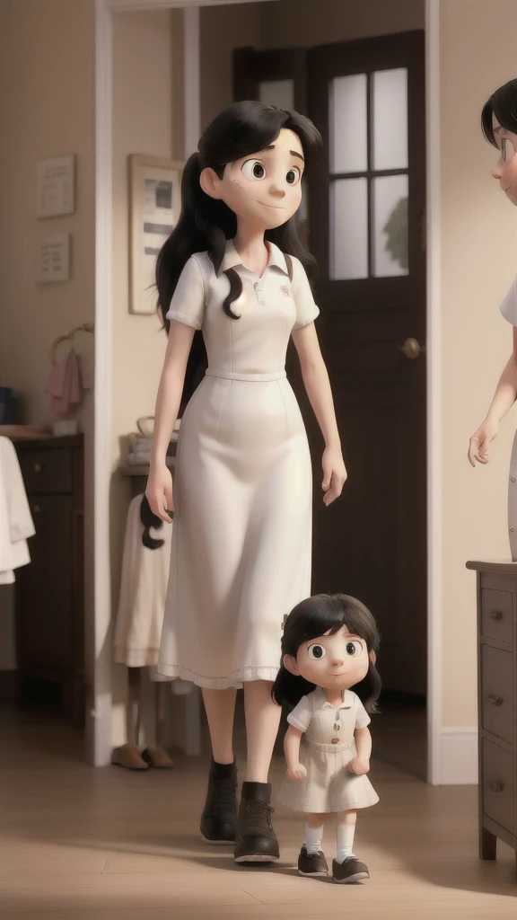 Mother and daughter talking indoors, 1 girl and her mother going for a walk, English girl , arms back, 3/4 shot, long black hair, white clothes, English mother 35 years old, long black hair, white shirt
