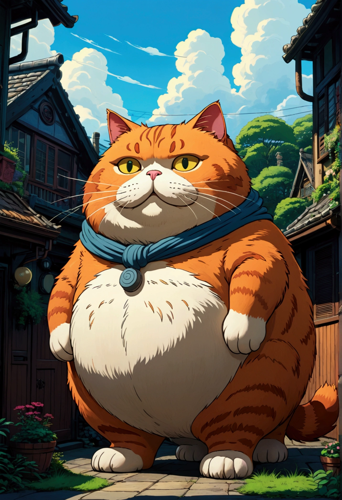 Giant fat Cat, full body, outdoor, by Sal Buscema and Brian Bolland and Neal Adams, cinematic still, (best quality, masterpiece), very aesthetic, perfect composition, intricate details, ultra-detailed, vivid colors