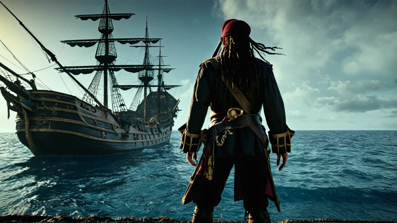 A pirate standing showing his back who is in search for treasure and in background there is terrifying ship and also the background is terrifying
