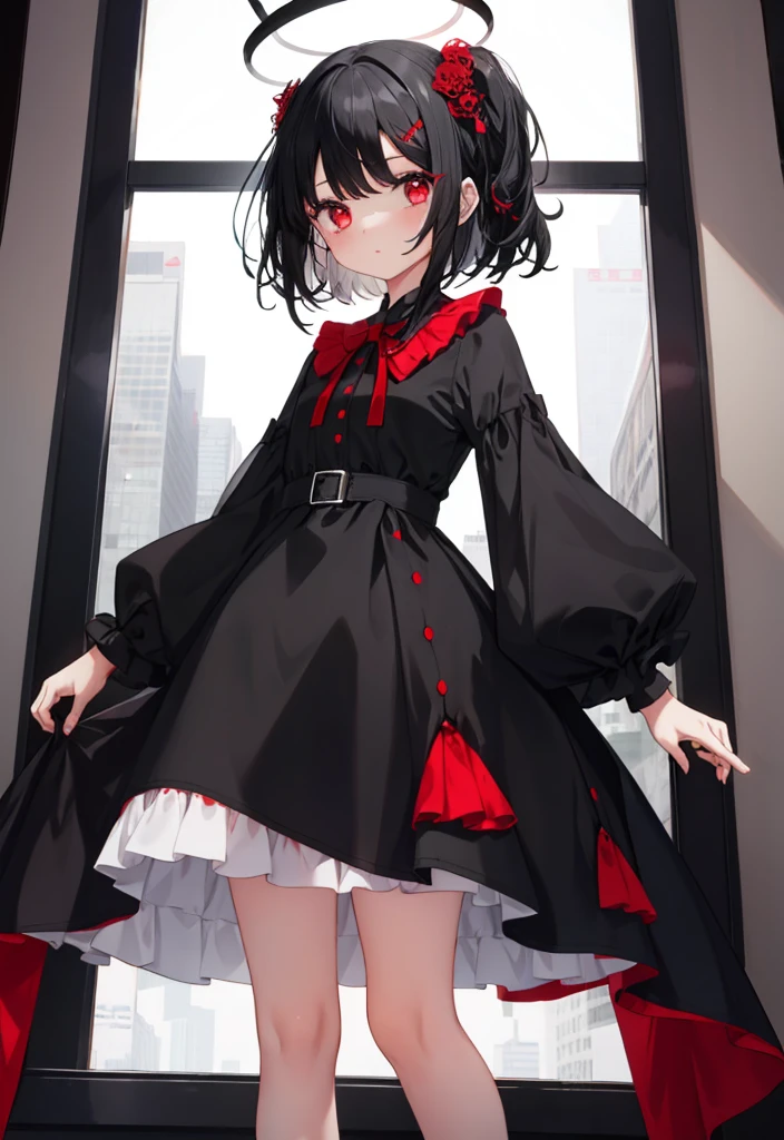 A girl with black hair and red eyes wearing cute dress