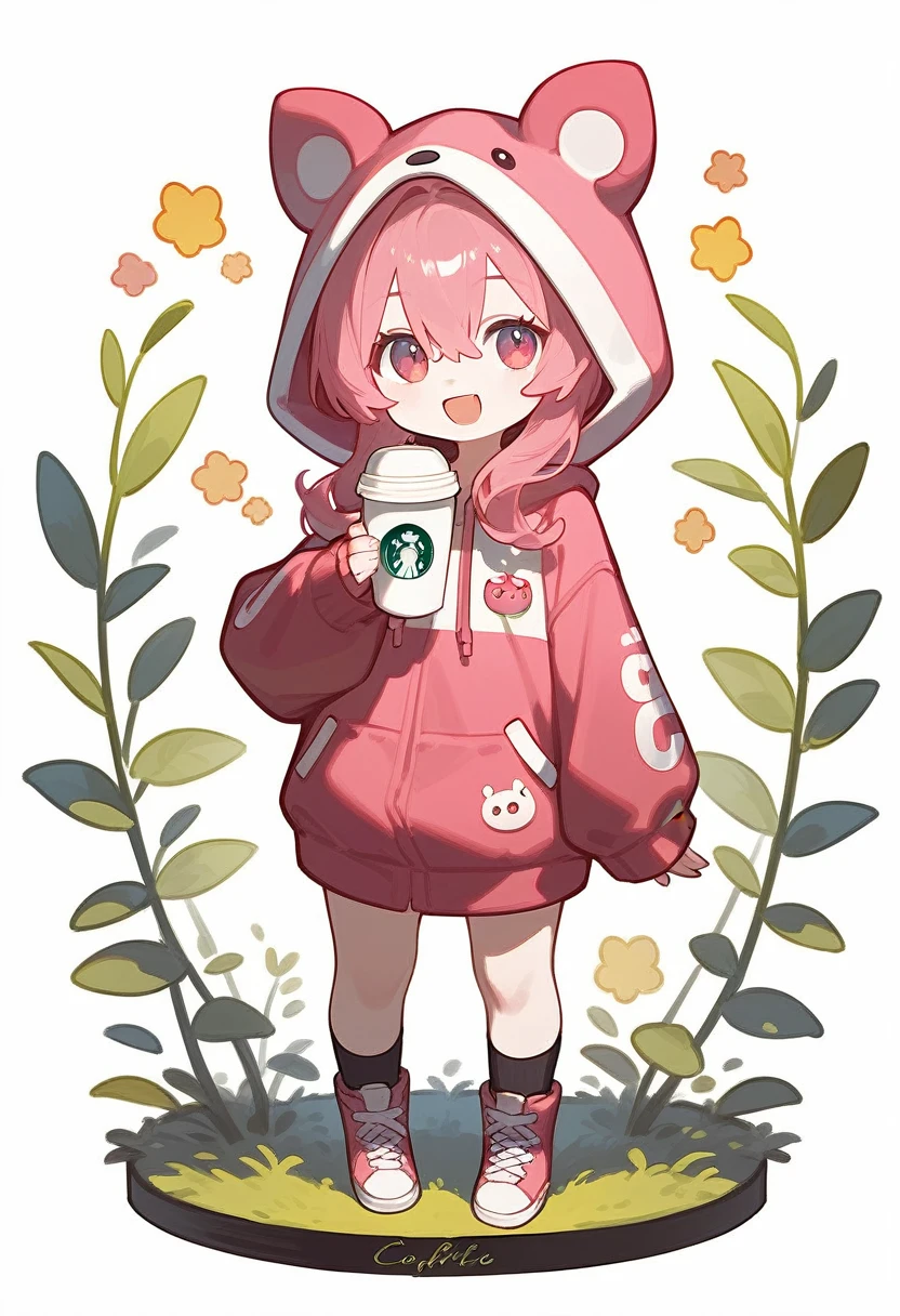 score_9,score_8_superior,score_7_superior,One girl,Pink Hair,alone,hood chibi,bangs,Smile,smile,holding a coffee cup,standing,full body,posing,Open your mouth,In-person audience,hoodie,Wearing a hood,Long sleeve,Hair between the eyes,Sleeves are longer than your fingers,white background,