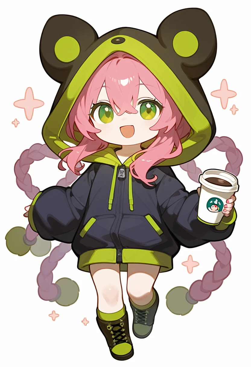 score_9,score_8_superior,score_7_superior,One girl,Pink Hair,alone,hood chibi,bangs,Smile,smile,holding a coffee cup,standing,full body,posing,Open your mouth,In-person audience,hoodie,Wearing a hood,Long sleeve,Hair between the eyes,Sleeves are longer than your fingers,white background,