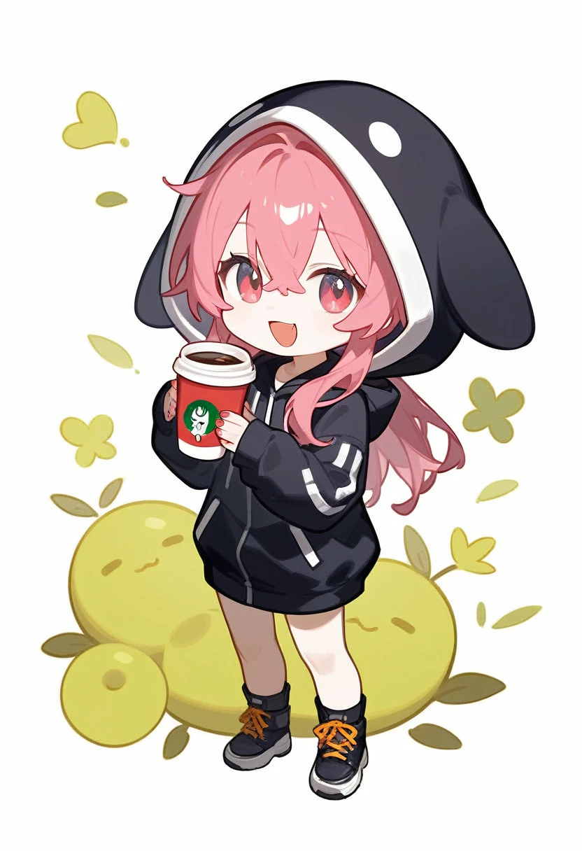 score_9,score_8_superior,score_7_superior,One girl,Pink Hair,alone,hood chibi,bangs,Smile,smile,holding a coffee cup,standing,full body,posing,Open your mouth,In-person audience,hoodie,Wearing a hood,Long sleeve,Hair between the eyes,Sleeves are longer than your fingers,white background,