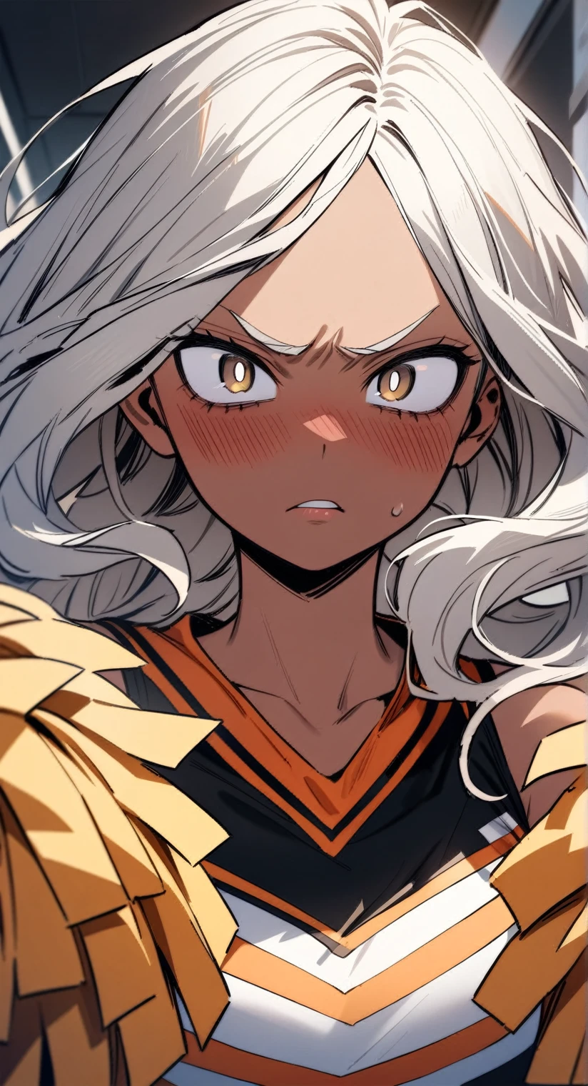 (masterpiece), (Best Quality), (ultra detailed) 1chica, brown skin, black curly hair,Long hair, white hair, hazel brown eyes, My Hero Academia, detailed lips , detailed black pupils, blush, angry and serious expression , Upper part of the body, wearing orange UA cheerleader clothes ,green and white