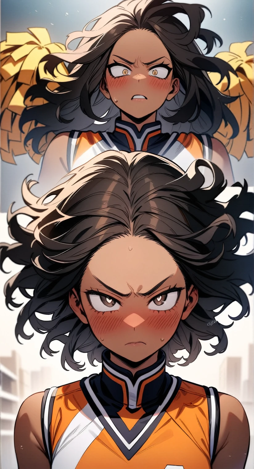 (masterpiece), (Best Quality), (ultra detailed) 1chica, brown skin, black curly hair,Long hair,  white hair, hazel brown eyes, My Hero Academia, detailed lips , detailed black pupils, blush, angry and serious expression  , Upper part of the body, wearing orange UA cheerleader clothes ,green and white