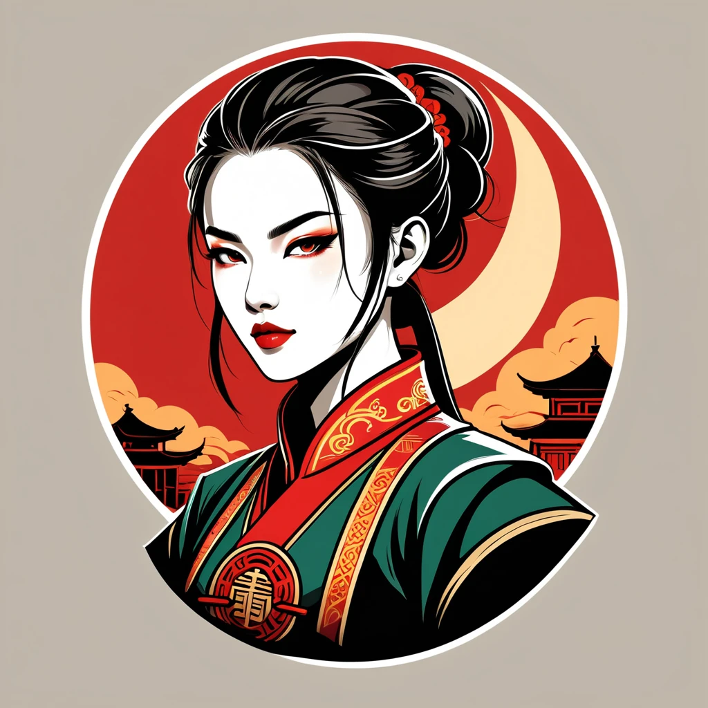 female rogue in chinese folk outfit, vector graphics, strong contours, logo design

