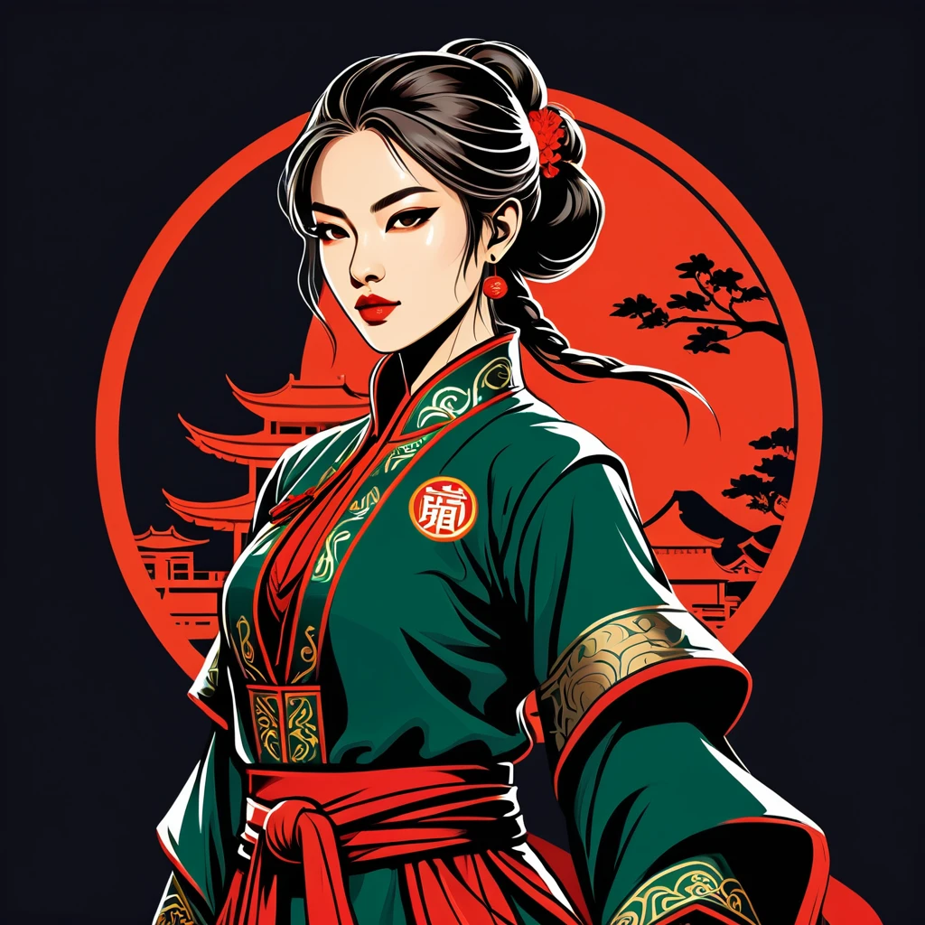 female rogue in chinese folk outfit, vector graphics, strong contours, logo design
