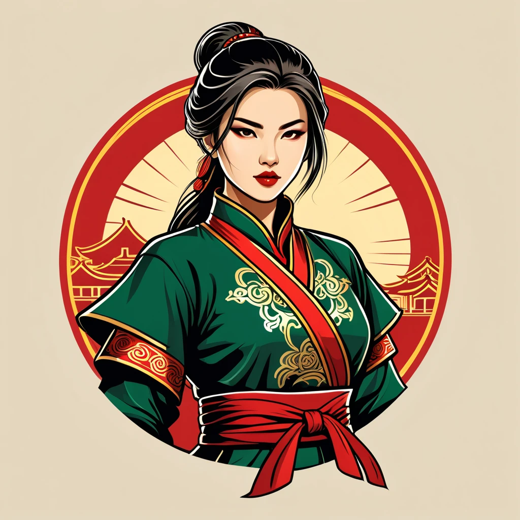 female rogue in chinese folk outfit, vector graphics, strong contours, logo design
