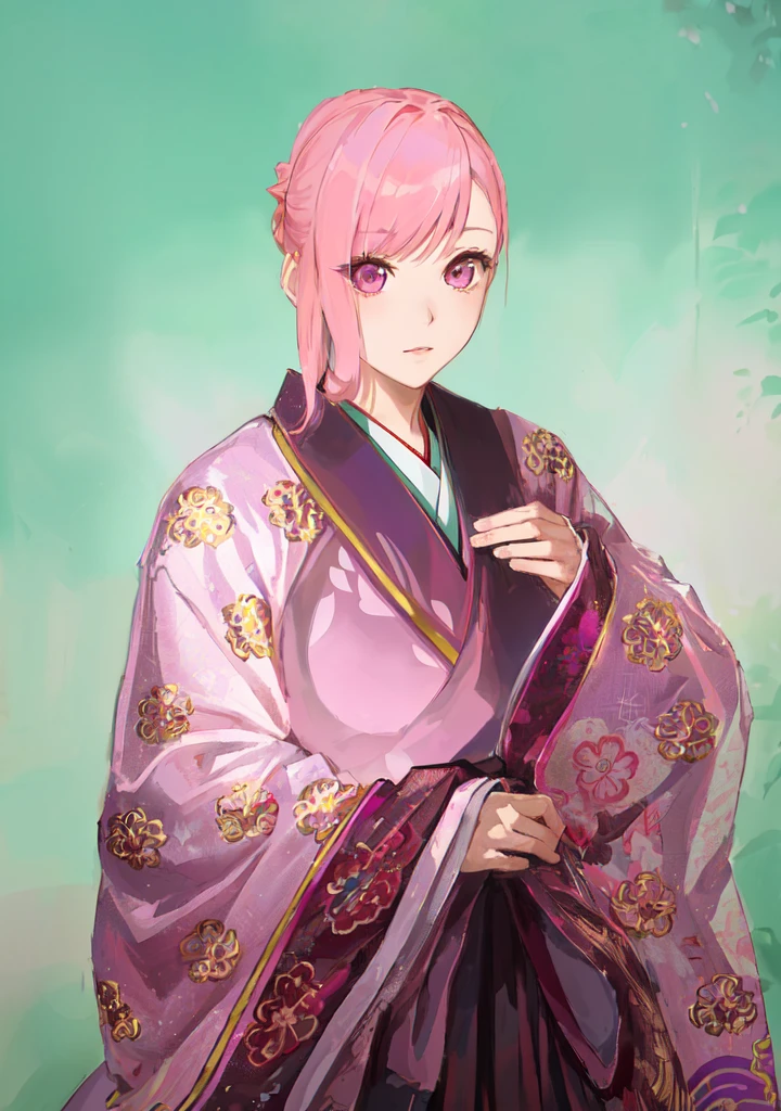 Pink Hair、Anime girl in purple dress，, Sakura Haruno, ((Wearing noble robes)), Goto Indian Summer,Produced in collaboration with Anime Painter Studio, Inspired by Nishikawa Sukenobu, Glorious Makami, inspired by Eizan Kikukawa, Wearing Kimono, Yaoi Haruma, Wearing Kimono，big ，huge ，sex body，Three Kingdoms，Dynasty Warriors，Chinese style，Hanfu，Huge Breasts，Pink Eyes，Pink Hair，A bit sinister look，Cunning girl，fate Miyamoto Musashi