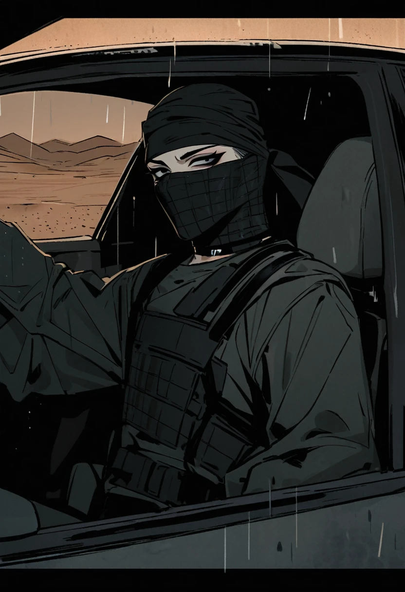 Male arab modern terrorist, terrorist, black balaclava, black bandage, black clothes, thin waist, femboy, light skin, makeup, black eyeliner, big eyelashes, black eyeshadow, choker, inside the car, desert, night, rain