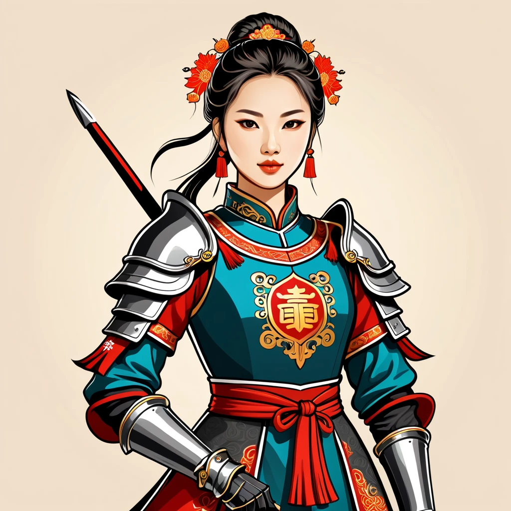 female knight in chinese folk outfit, vector graphics, strong contours, logo design