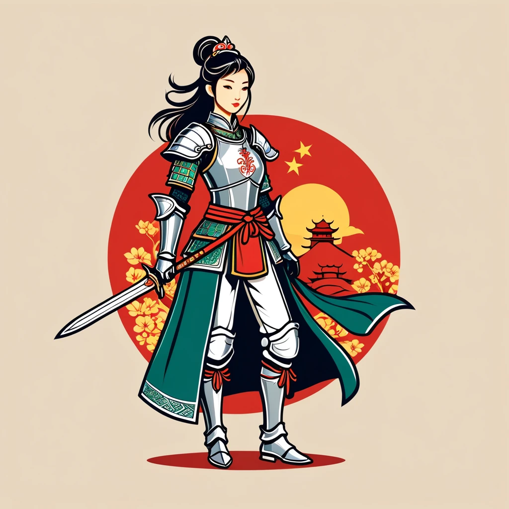 female knight  in chinese folk outfit, vector graphics, strong contours, logo design

