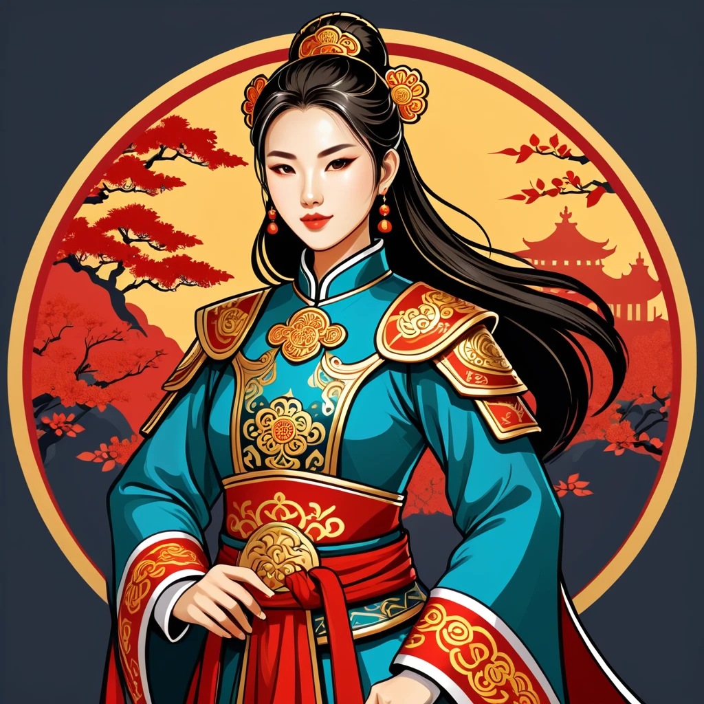 female paladin in chinese folk outfit, vector graphics, strong contours, logo design
