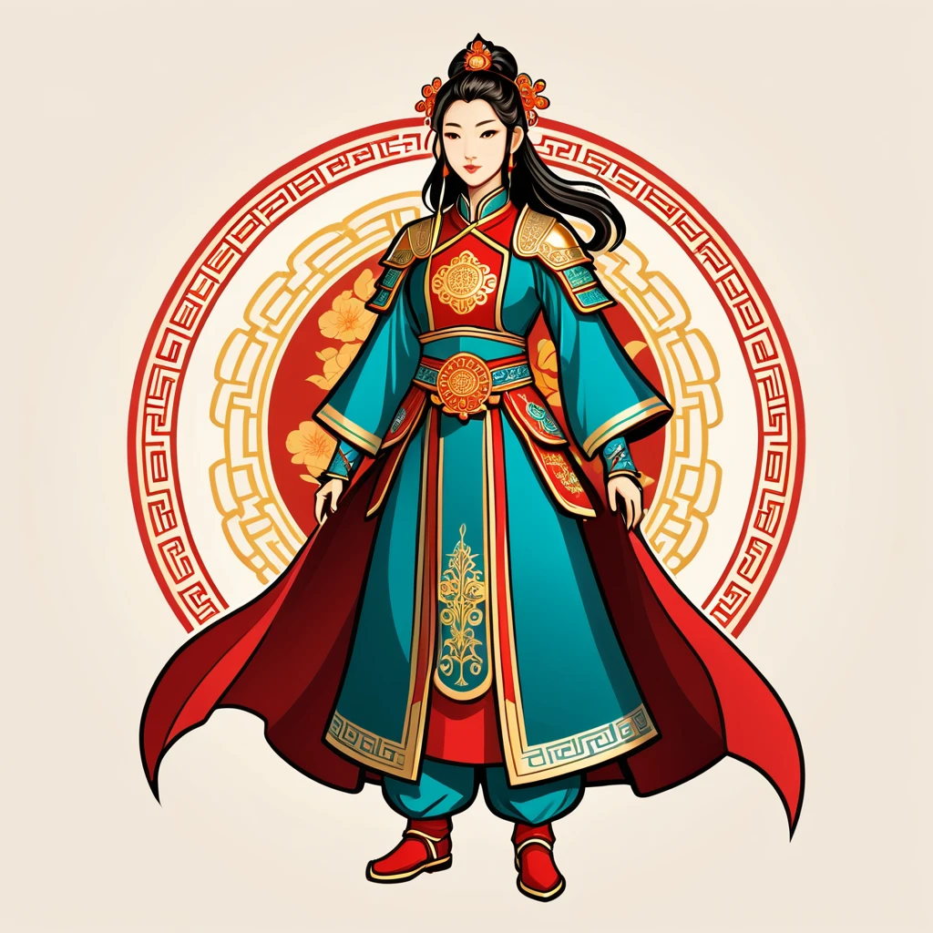 female paladin in chinese folk outfit, vector graphics, strong contours, logo design