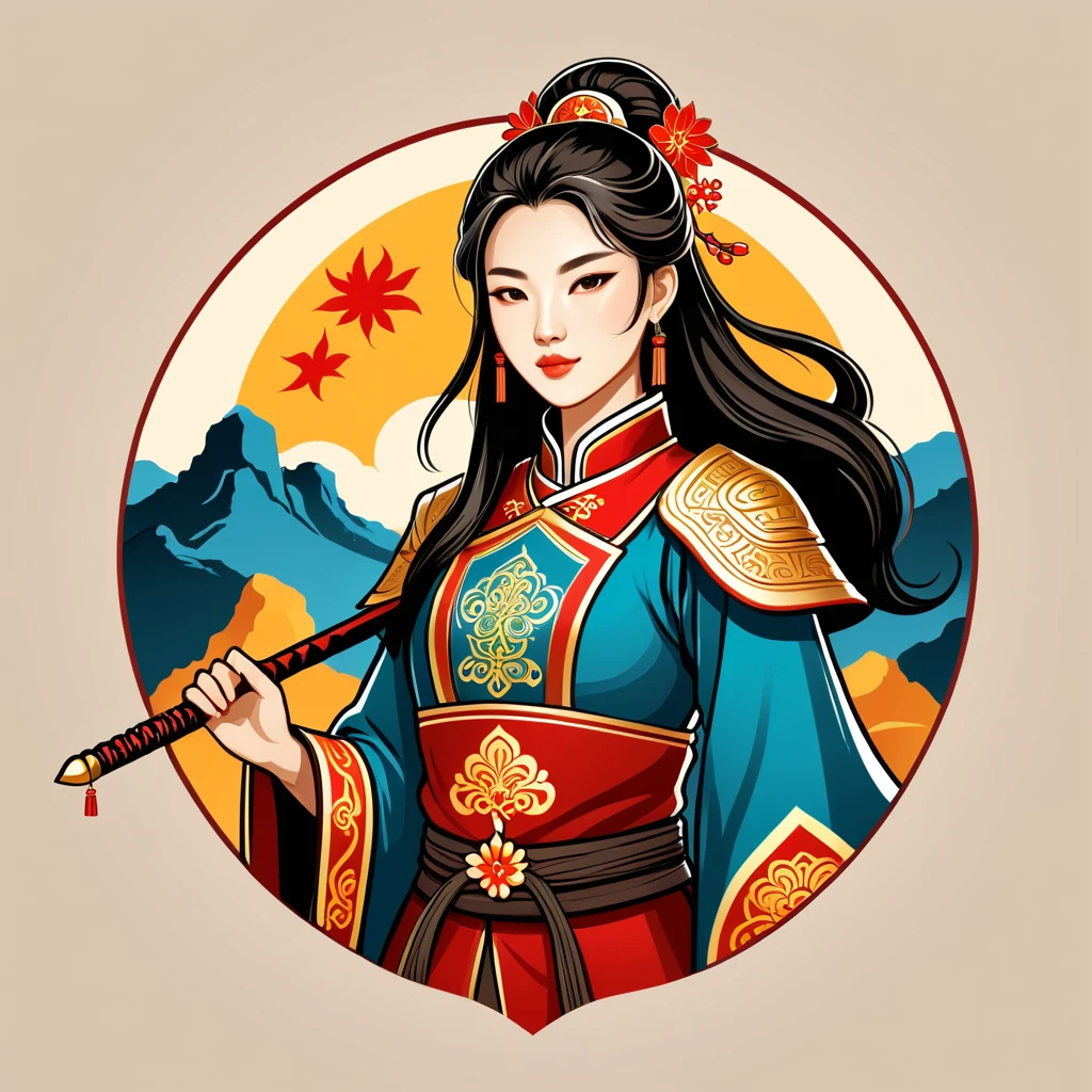 female paladin in chinese folk outfit, vector graphics, strong contours, logo design
