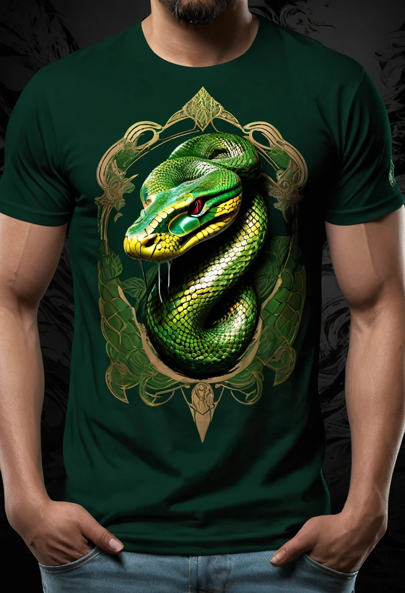 T-shirt design, Create a menacing with a full-length python motif inspired by the aesthetics of heavy metal music. The artwork features an elegant style, python dourado e verde claro enrolado sinuosamente, its scales shining in the dim light. python&#39;The mouth is wide open, revealing rows of sharp teeth dripping with blood, exuding a raw feeling, primitive aggression, clear sky and bright sun in the background, improving the sinister atmosphere of the design. python&#39;the eyes shine with a malevolent shine, capturing the essence of danger and violence. The overall style is bold and intense, embodying the dark and edgy spirit of heavy metal music.