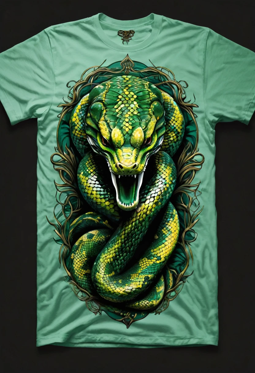 T-shirt design, Create a menacing with a full-length python motif inspired by the aesthetics of heavy metal music. The artwork features an elegant style, python dourado e verde claro enrolado sinuosamente, its scales shining in the dim light. python'The mouth is wide open, revealing rows of sharp teeth dripping with blood, exuding a raw feeling, primitive aggression, clear sky and bright sun in the background, improving the sinister atmosphere of the design. python'the eyes shine with a malevolent shine, capturing the essence of danger and violence. The overall style is bold and intense, embodying the dark and edgy spirit of heavy metal music.