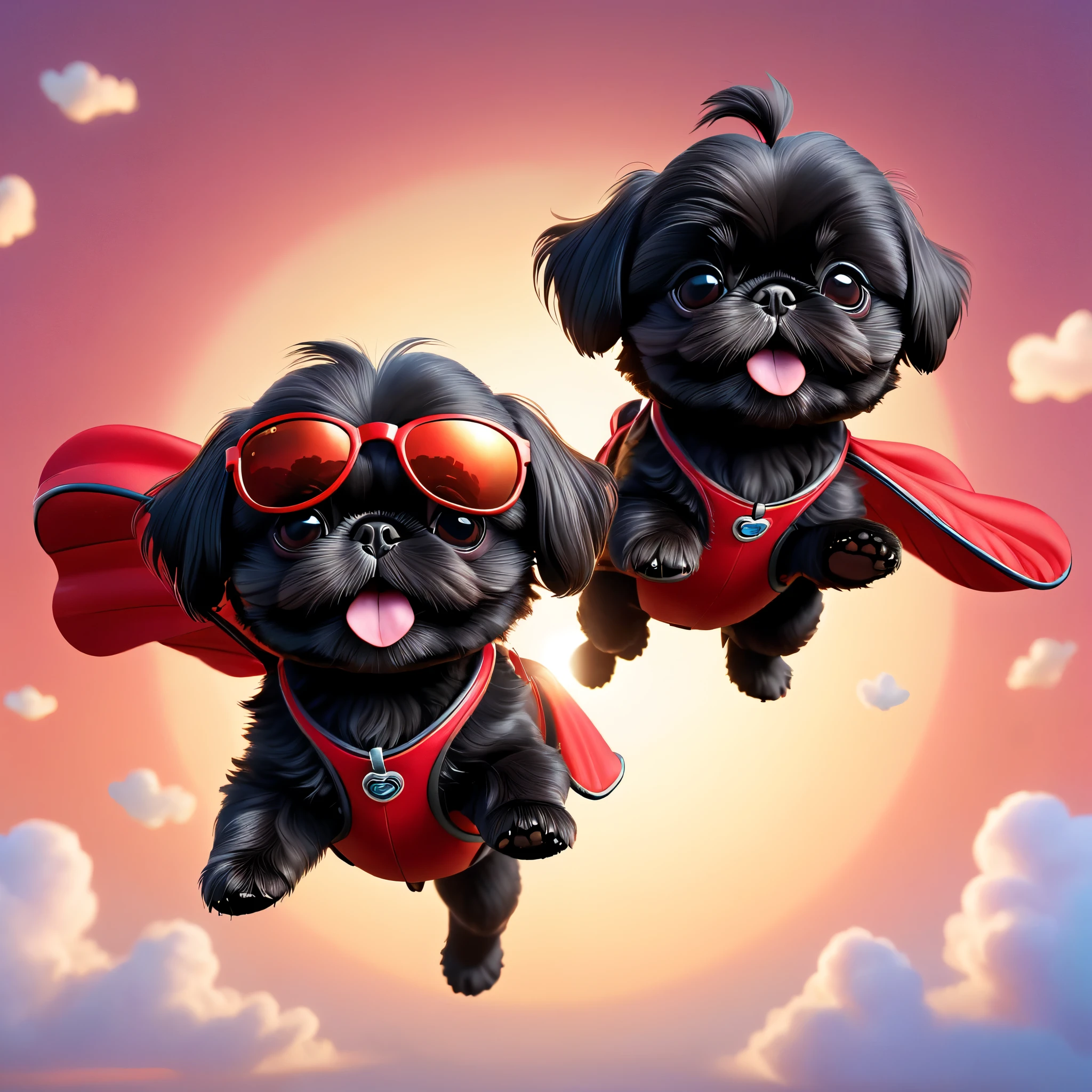 2 adorable small black shih tzu puppies, parachuting with red sunglasses, 3d cartoon, disney pixar style, cinematic lighting, photorealistic, 8k, highly detailed, soft focus, dynamic composition, vibrant colors, whimsical, charming, cute, playful