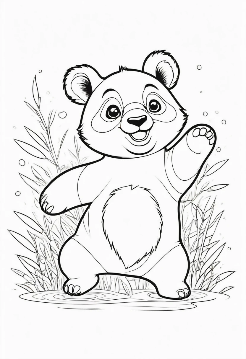 A clean and simple black and white drawing to color, featuring an adorable Panda cub. The panda jumps animatedly, showing its cheerful spirit. The illustration is designed with bold, thick lines, perfect for children to fill in with color. The overall style is reminiscent of classic cartoon characters, creating a cheerful and pleasant atmosphere., illustration, illustration