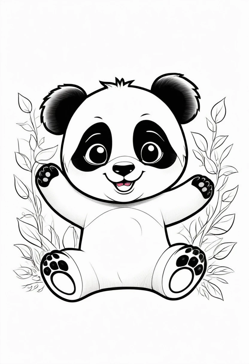 A clean and simple black and white drawing to color, featuring an adorable Panda cub. The panda jumps animatedly, showing its cheerful spirit. The illustration is designed with bold, thick lines, perfect for children to fill in with color. The overall style is reminiscent of classic cartoon characters, creating a cheerful and pleasant atmosphere., illustration, illustration