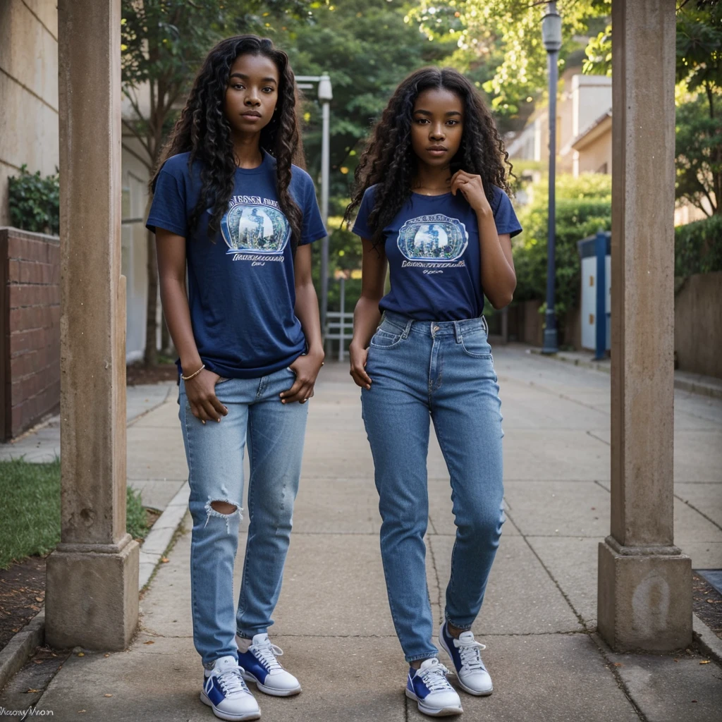 masterpiece, best quality, 1 girl, solo, beautiful African and sensual Asian mixed 19 year old, ebony skin female, wearing blue t-shirt, jeans and tennis shoes, standing in t-pose, long, frizzy, curly dark hair, perfect face, long hair