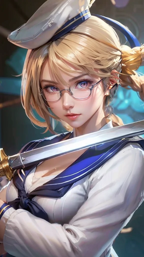 a close up of a woman with a sword and a white sailor hat, a character portrait inspired by Li Shida, pixiv contest winner, extremely detailed artgerm, artgerm. high detail, using eye glasses, white sailor suit with blue collar, no bra