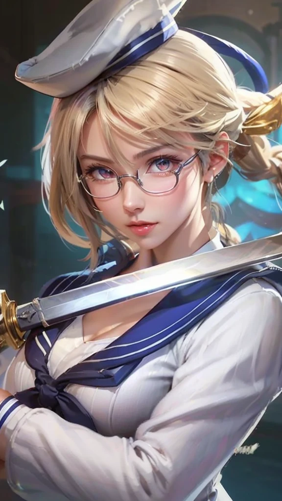 a close up of a woman with a sword and a white sailor hat, a character portrait inspired by Li Shida, pixiv contest winner, extremely detailed artgerm, artgerm. high detail, using eye glasses, white sailor suit with blue collar, no bra