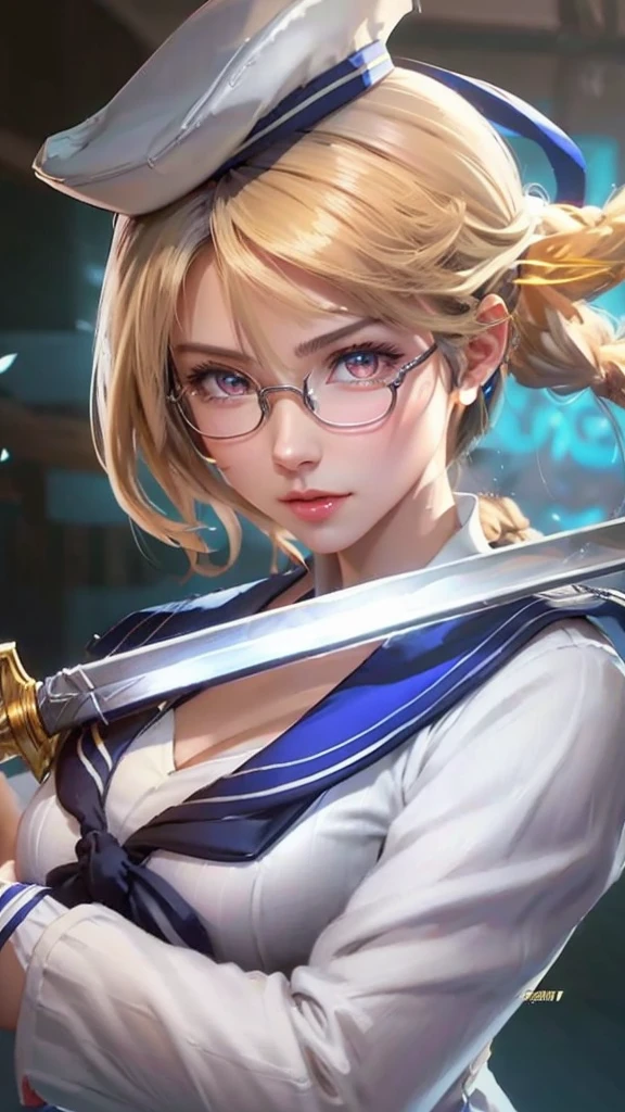 a close up of a woman with a sword and a white sailor hat, a character portrait inspired by Li Shida, pixiv contest winner, extremely detailed artgerm, artgerm. high detail, using eye glasses, white sailor suit with blue collar, no bra