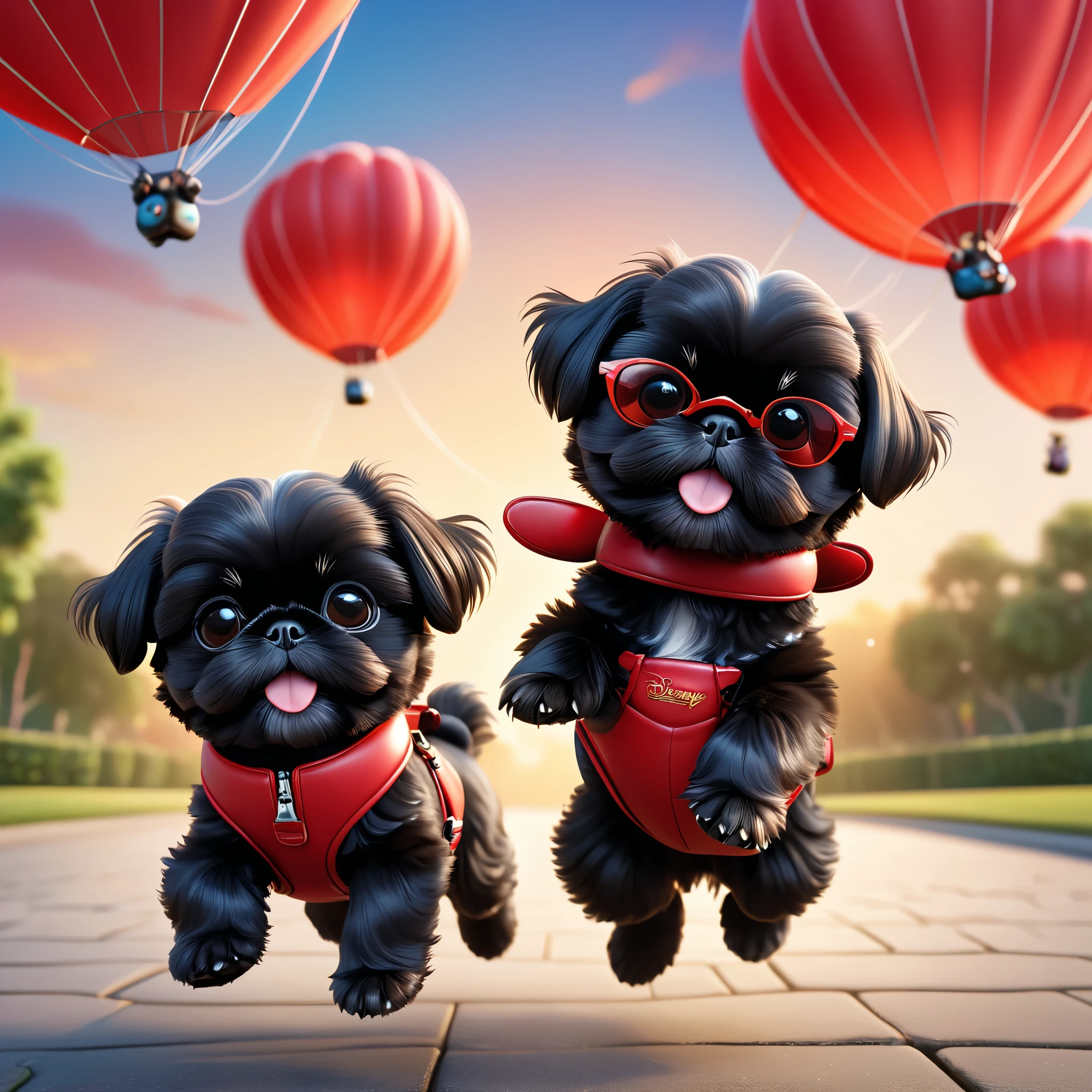 2 adorable small black shih tzu puppies, parachuting with red sunglasses, 3d cartoon, disney pixar style, cinematic lighting, photorealistic, 8k, highly detailed, soft focus, dynamic composition, vibrant colors, whimsical, charming, cute, playful