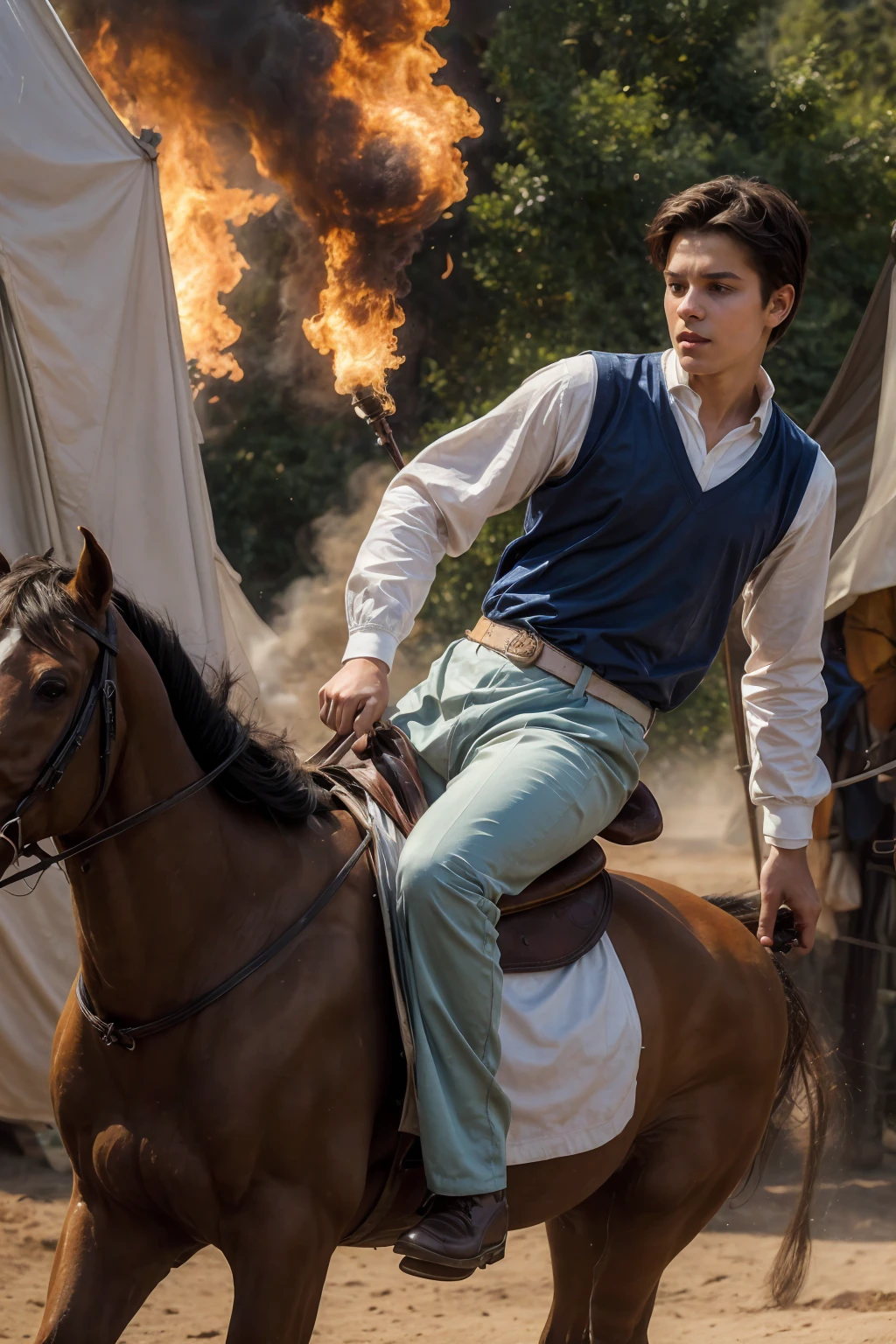 A 18-year-old male twink with a cute angel face with makeup and black hair, wearing a medieval shirt with ties, a v-neck, and long sleeves, aquamarine, and white medieval pants. He is on the battlefield, riding on a horse, carrying a sword. He goes up with his shield in his other hand, and behind him are tents burning with flames of fire, and he looks angrily, as if a horse is galloping.