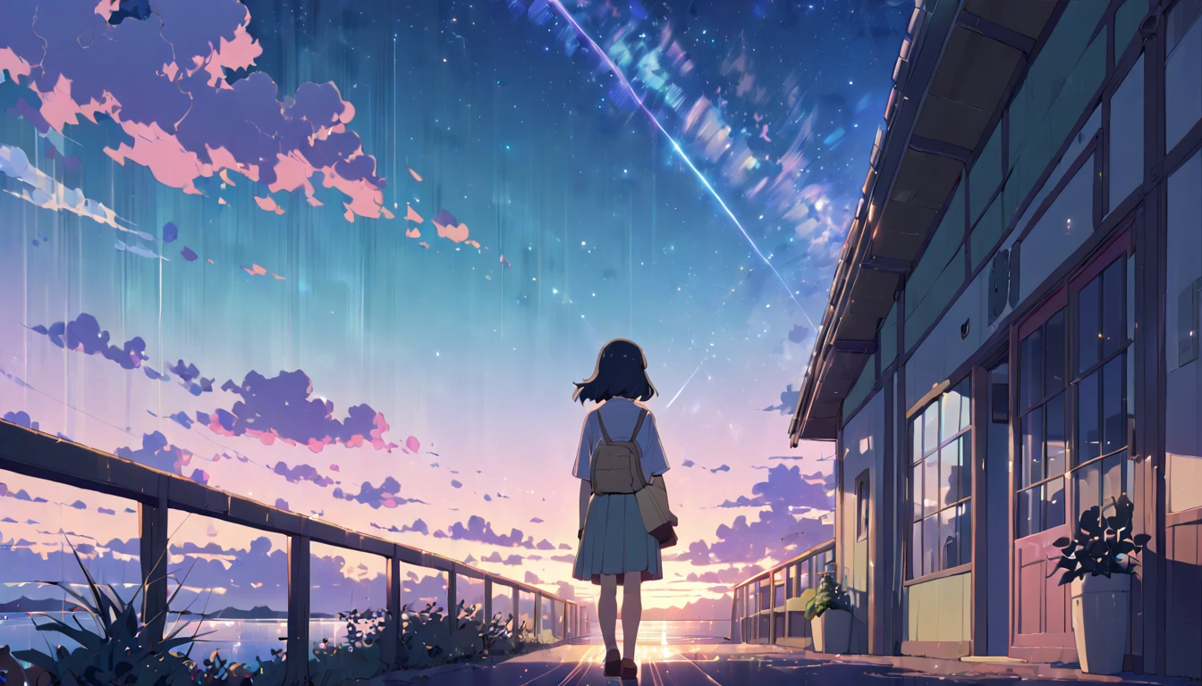 (Masterpiece:1.5), (Lofi anime Aesthetic:1.9), (best quality:1.5), anime style (([makoto shinkai])), makoto shinkai&#9, background anime full hd, conceptual artwork, tumblr, magical realism, cute anime, anime full hd, (anime movie backgrounds), Ultra range of scene details, Beautiful girl woman, long hair, beautiful and bright eyes, natural beauty body, 