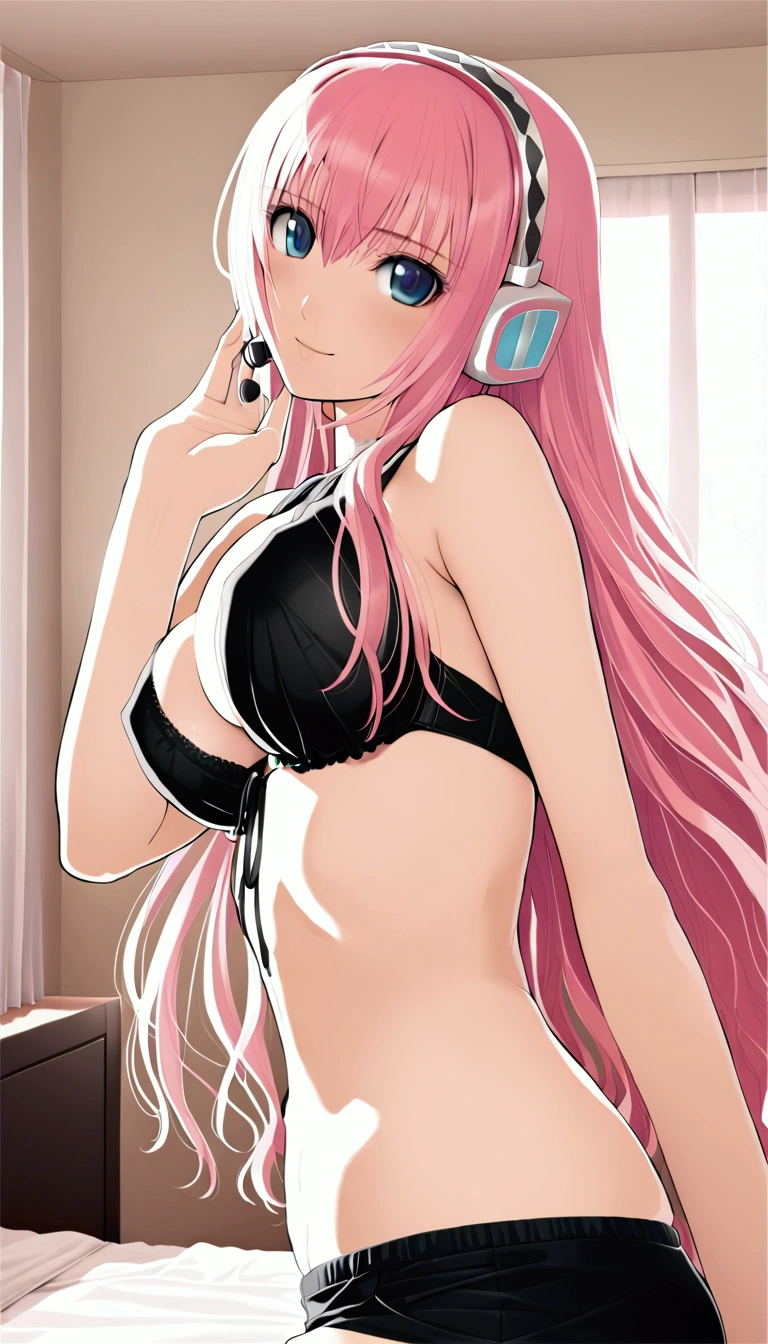 masterpiece,Beautiful adult woman ,Megurine Luka,E cup breasts,Pink long hair,blue eyes,headphone,Black Bra,Black shorts,smile,front,Bedroom,