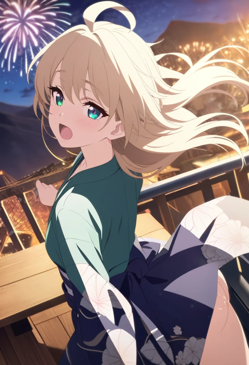 1girl,animal ears,blonde hair,ahoge,emerald green eyes,masterpiece,small breasts,pupils,no text,anime coloring,best quality,uncensored,very aesthetic,anime,ultra detailed,8k,(realistic:0.8),highly detailed,physics-based rendering,dynamic angle,(official art:0.8),detailed face,detail body,realistic skin,(beautiful eyes:1.1),detail eyes,girl,bishoujo,(flat chest:0.9),extremely detailed,(pastel),8k cg wallpaper,stunning art,absurdres,a lady,very beautiful face,black long hair,beautiful hair,fluttering hair,yukata,bent over,grabbed handrail,look back,nsfw,POV,(hetero),(motion blur of intense sex from behind:1.3),doggy style,vaginal penis,(orgasm),open mouth,fireworks,viewer is standing,cowboy shot,from above,at higher place of mountain