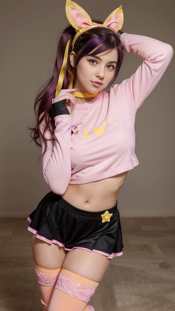 an anime girl with dark purple hair and light purple eyes, dressed in a striking pink and yellow outfit. She wears pink gloves, a pink bow in her hair and a headband with a yellow rabbit. Her shirt is pink with a yellow star on each side and a red heart on the chest.. She wears a black belt under a pink skirt that has multiple layers of lace with a yellow trim.. She is wearing pink stockings and high-heeled boots.. The girl is making a funny gesture with her hands, touching your head with your index and middle fingers, with a funny expression and tongue out. the background is white.