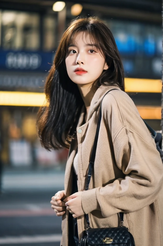 ((best quality)), ((masterpiece)), (Cinematic Aesthetic:1.4) Photo of a beautiful korean fashion model bokeh city night