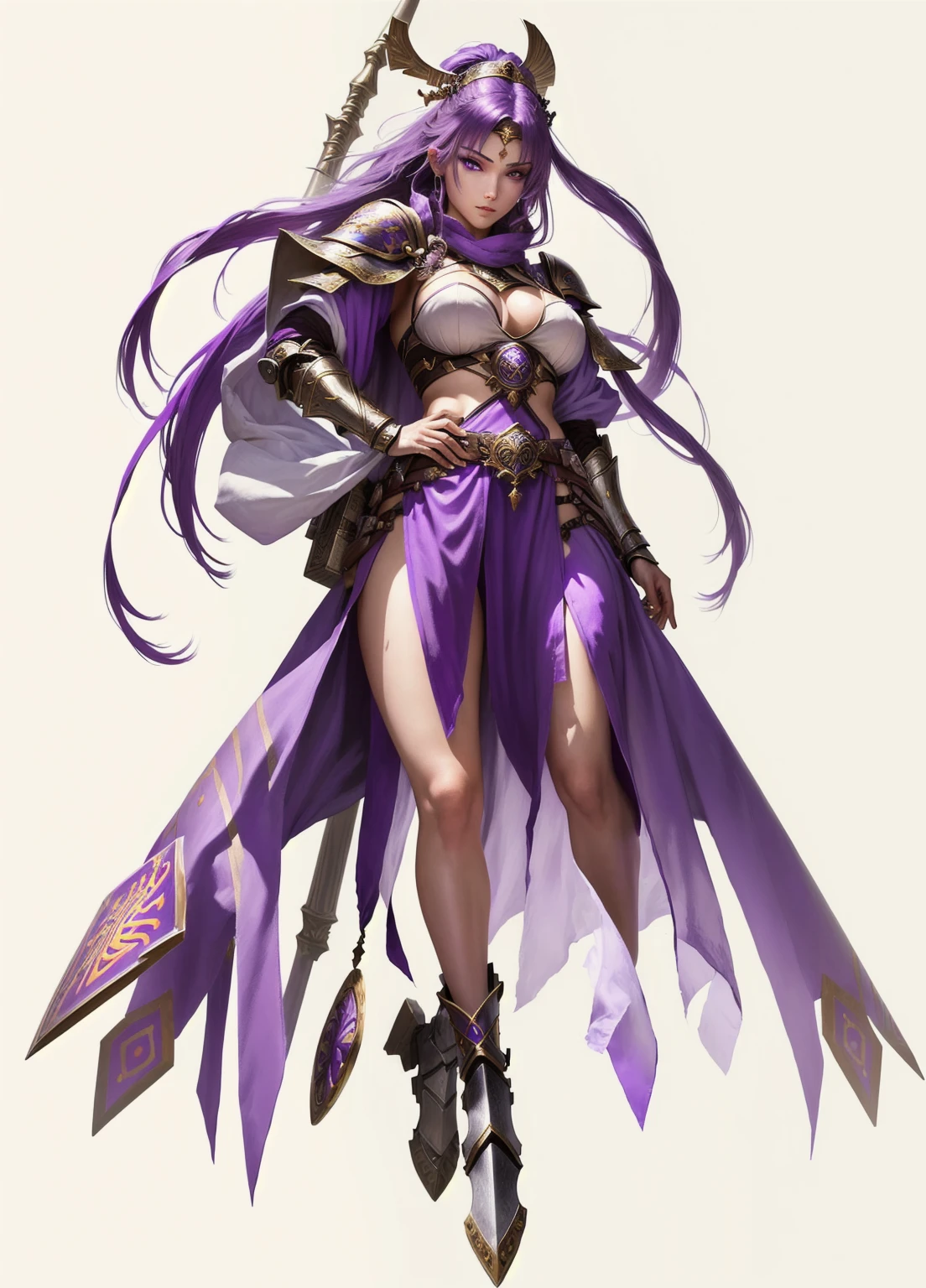 female warrior, sexy, attractive body, pretty face, female priestess knight, purple hair, purple eyes, almond eyes, female warrior,