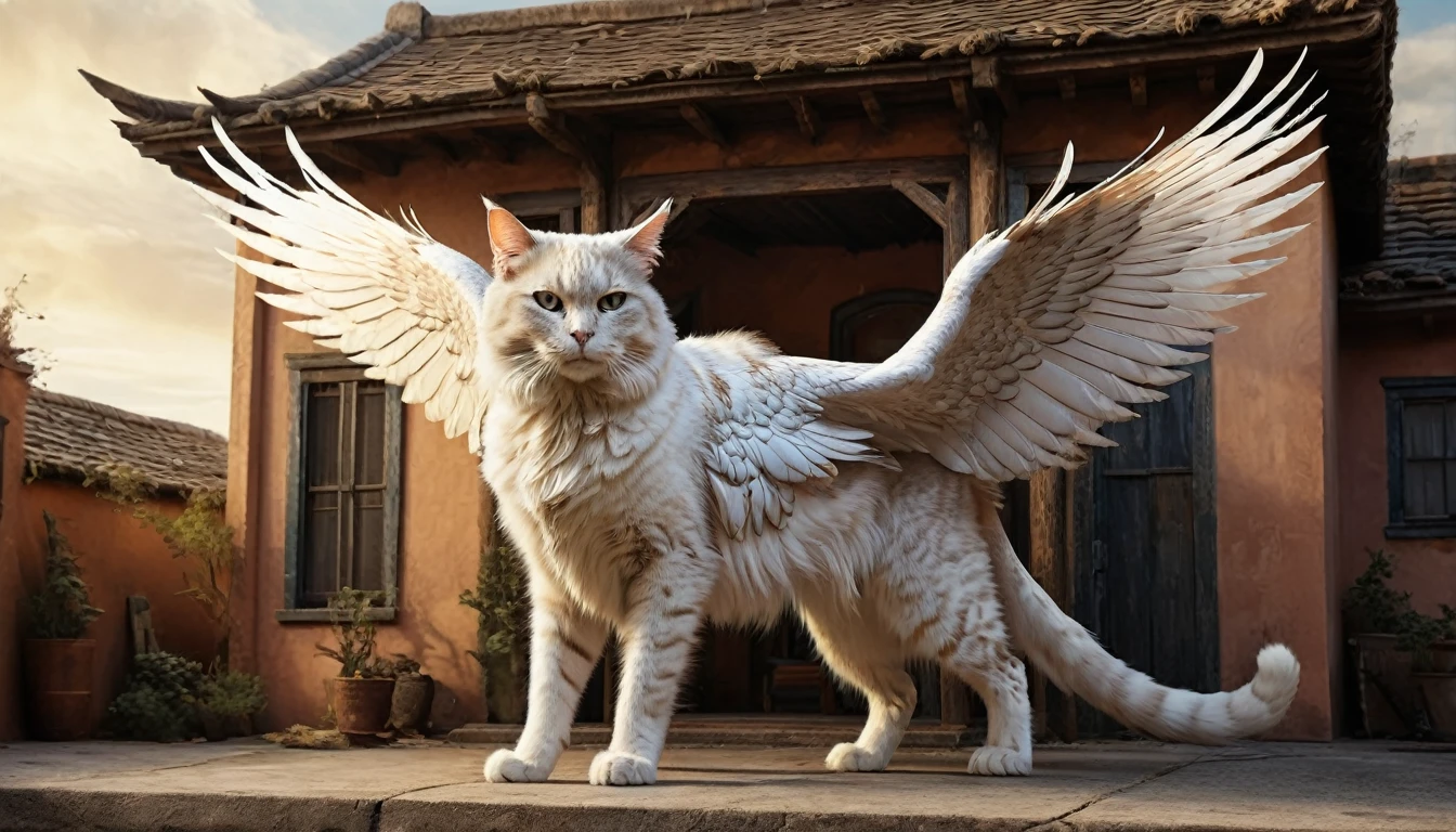 a giant winged cat, infront of a miniature building, detailed feline anatomy, intricate feathered wings, majestic and powerful, realistic fur textures, intense eye contact, dynamic pose, cinematic lighting, dramatic chiaroscuro, muted color palette, highly detailed, photorealistic, award-winning digital art