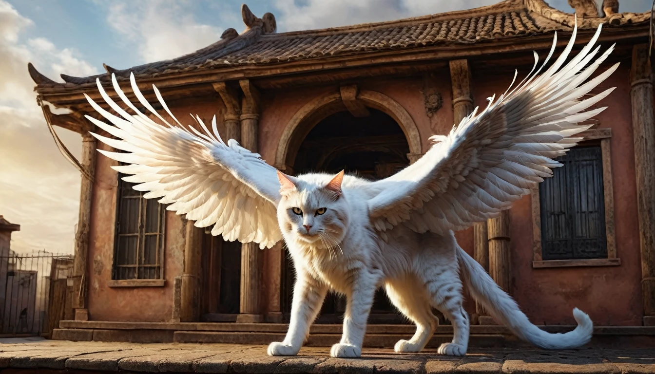 a giant winged cat, infront of a miniature building, detailed feline anatomy, intricate feathered wings, majestic and powerful, realistic fur textures, intense eye contact, dynamic pose, cinematic lighting, dramatic chiaroscuro, muted color palette, highly detailed, photorealistic, award-winning digital art