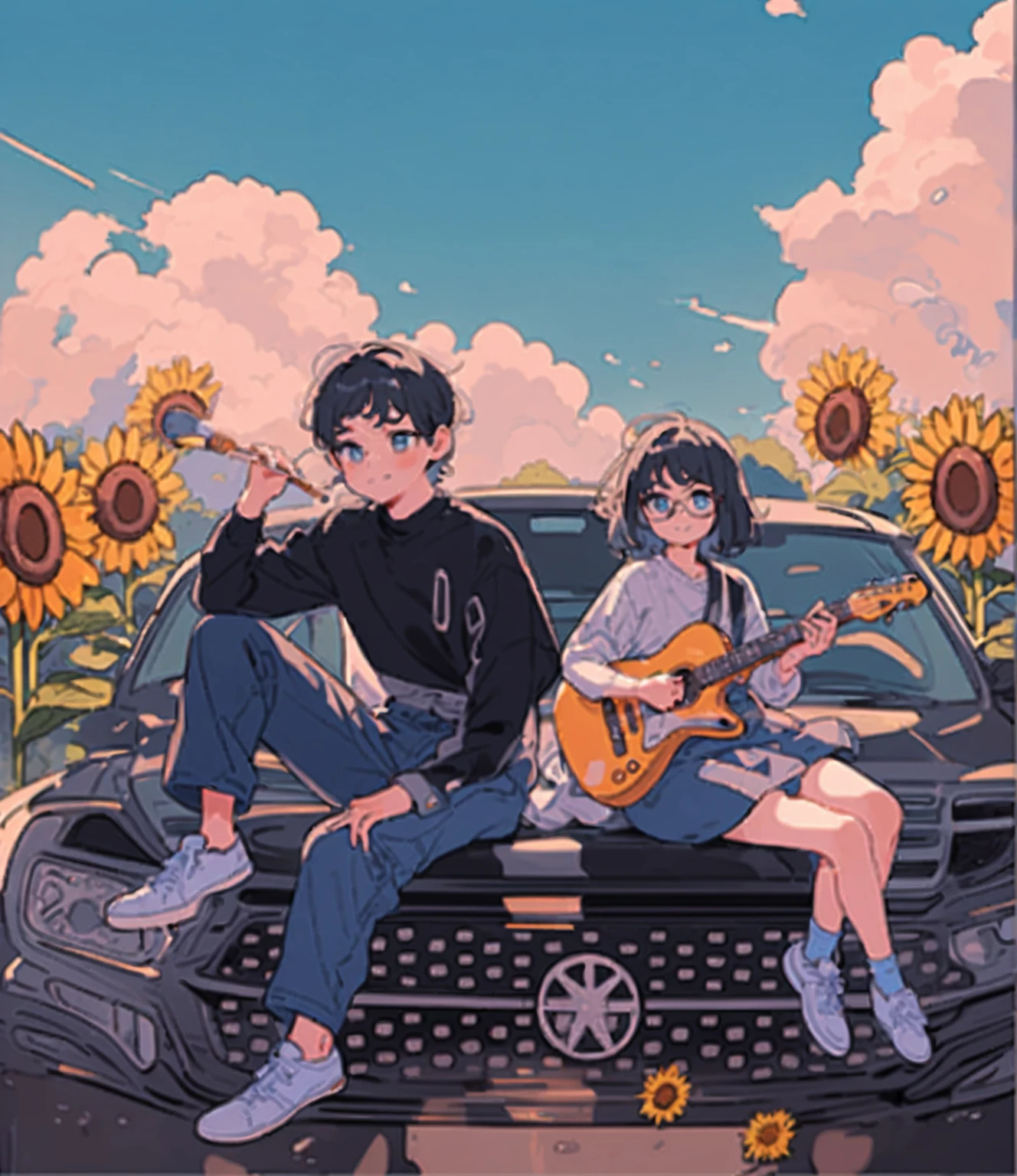 Anime couple sitting in the car,Sunflowers in the background, Boy holding a brush and looking into the distance,(Black short hair,wear glasses)Play the guitar,(Delicate face),masterpiece, high details, highres,