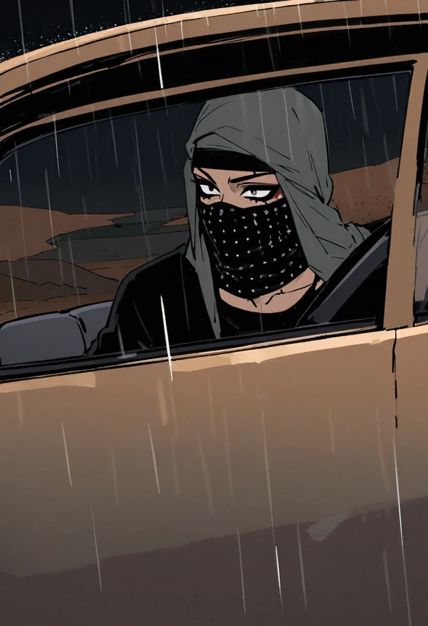 Male arab modern terrorist, terrorist, black balaclava, black bandage, black clothes, thin waist, femboy, light skin, makeup, black eyeliner, big eyelashes, black eyeshadow, choker, inside the car, desert, night, rain