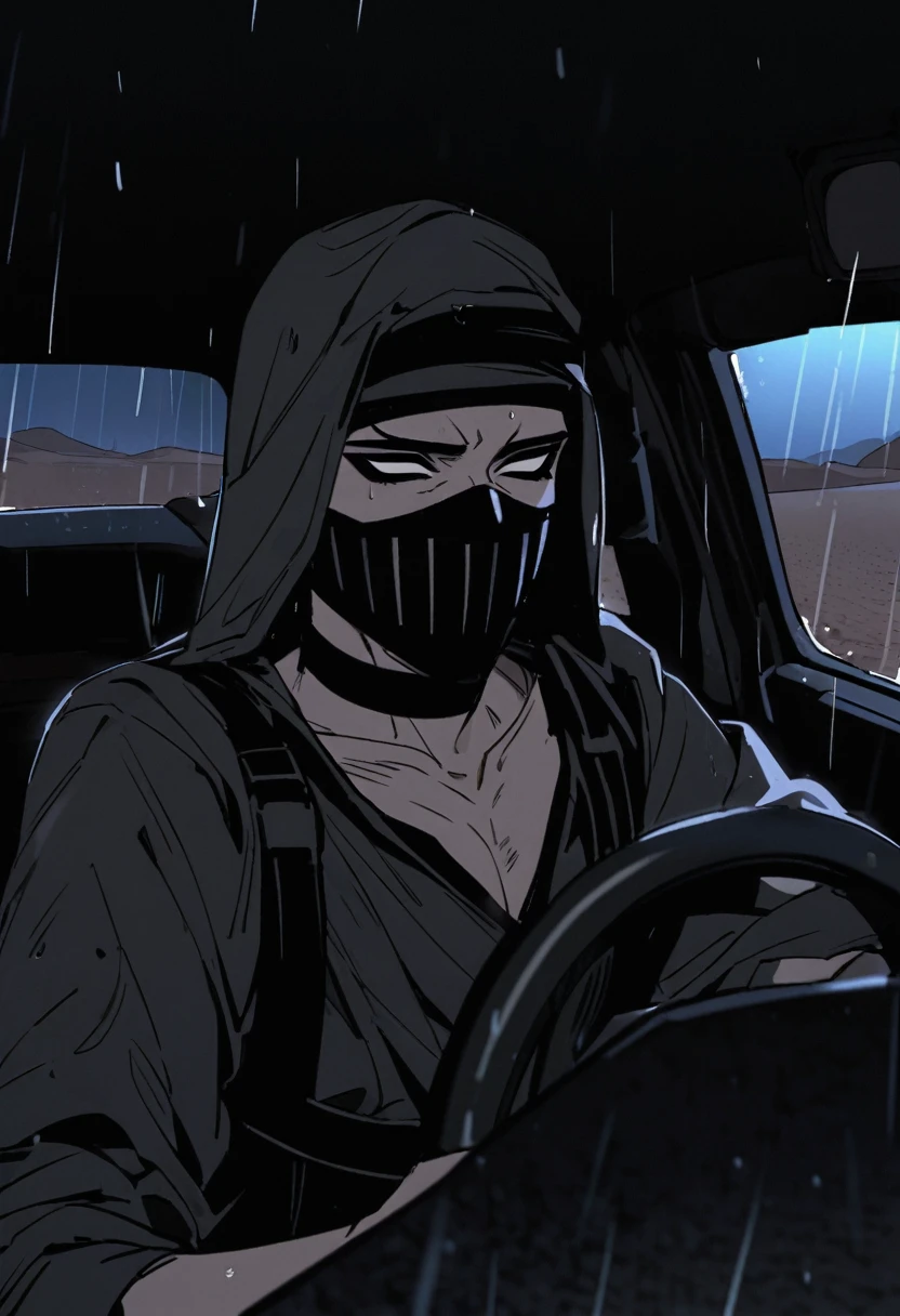 Male arab modern terrorist, terrorist, black balaclava, black bandage, black clothes, thin waist, skinny body, femboy, light skin, makeup, black eyeliner, big eyelashes, black eyeshadow, metal choker, light tanned skin, inside the car, desert, rain, night