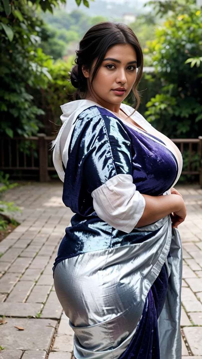 Indian beautiful woman sexy curvy plus size model wearing silver velvet color Beauty in Sari : Charm & Nature facing to camera in standing position, curvy plus size figure, big m-cup bulky breasts ,wearing White Beauty in Sari : Charm & Nature, side bun hairstyle, bright eyes, thin eyebrows, fair skin, blushing cheeks, prefect , head to thigh view, beautiful nature background and location, head to thigh view