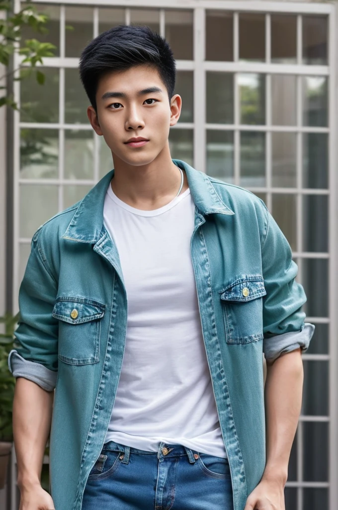 ((realistic daylight)) , Young Korean man in only a green t-shirt, no pattern. (Denim coat)  Jeans, A handsome, muscular young Asian man looks at the camera. In a simple t-shirt blue and red , holding a cute cat ,turn sideways
