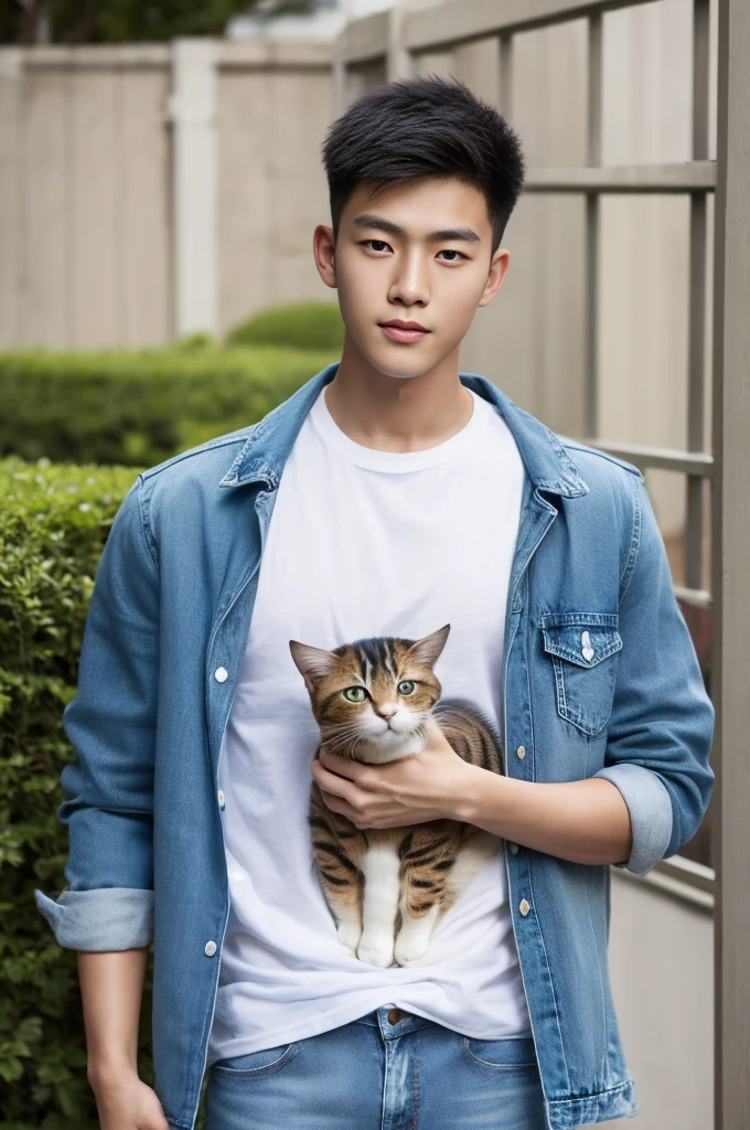 ((realistic daylight)) , Young Korean man in only a green t-shirt, no pattern. (Denim coat) Jeans, A handsome, muscular young Asian man looks at the camera. In a simple t-shirt blue and red , holding a cute cat ,turn sideways