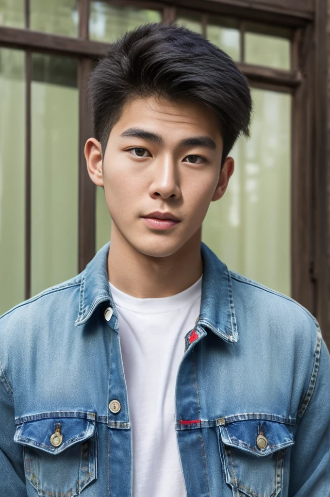 ((realistic daylight)) , Young Korean man in only a green t-shirt, no pattern. (Denim coat)  Jeans, A handsome, muscular young Asian man looks at the camera. In a simple t-shirt blue and red , holding a cute cat ,turn sideways