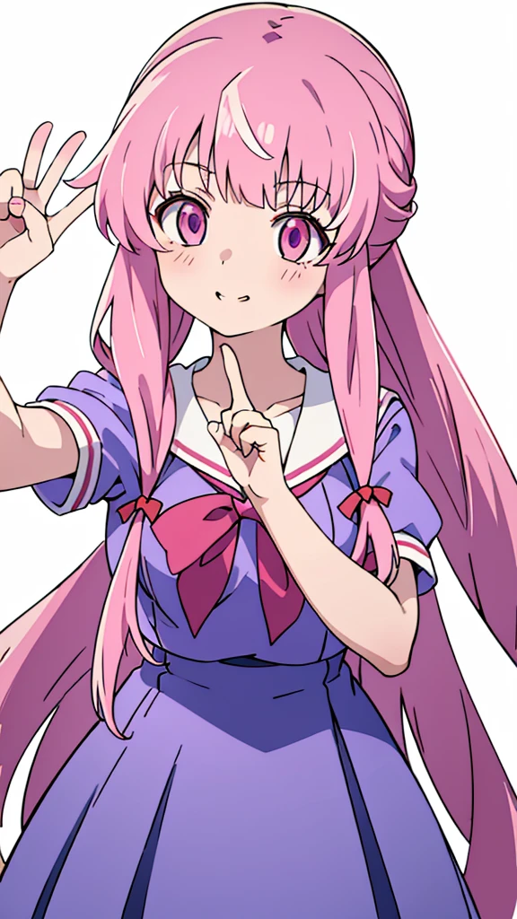 masterpiece, pink eyes with love, Very detailed、(One Girl:1), purple sailor uniform,red ribbon,purple shirt, pink simple straight long hair with straight bangs, Big eyes、Close-up、Laughter、(((Anime Style)))、Shining Eyes、Open your mouth、smug face、front、whole body, selfie close up while posing peace