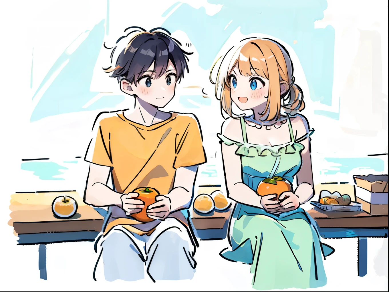 (Masterpiece, best quality: 1.3), 1 boy and 1 girl, sitting on table in front of each other, having oranges, boy feeding girl orange with his hand