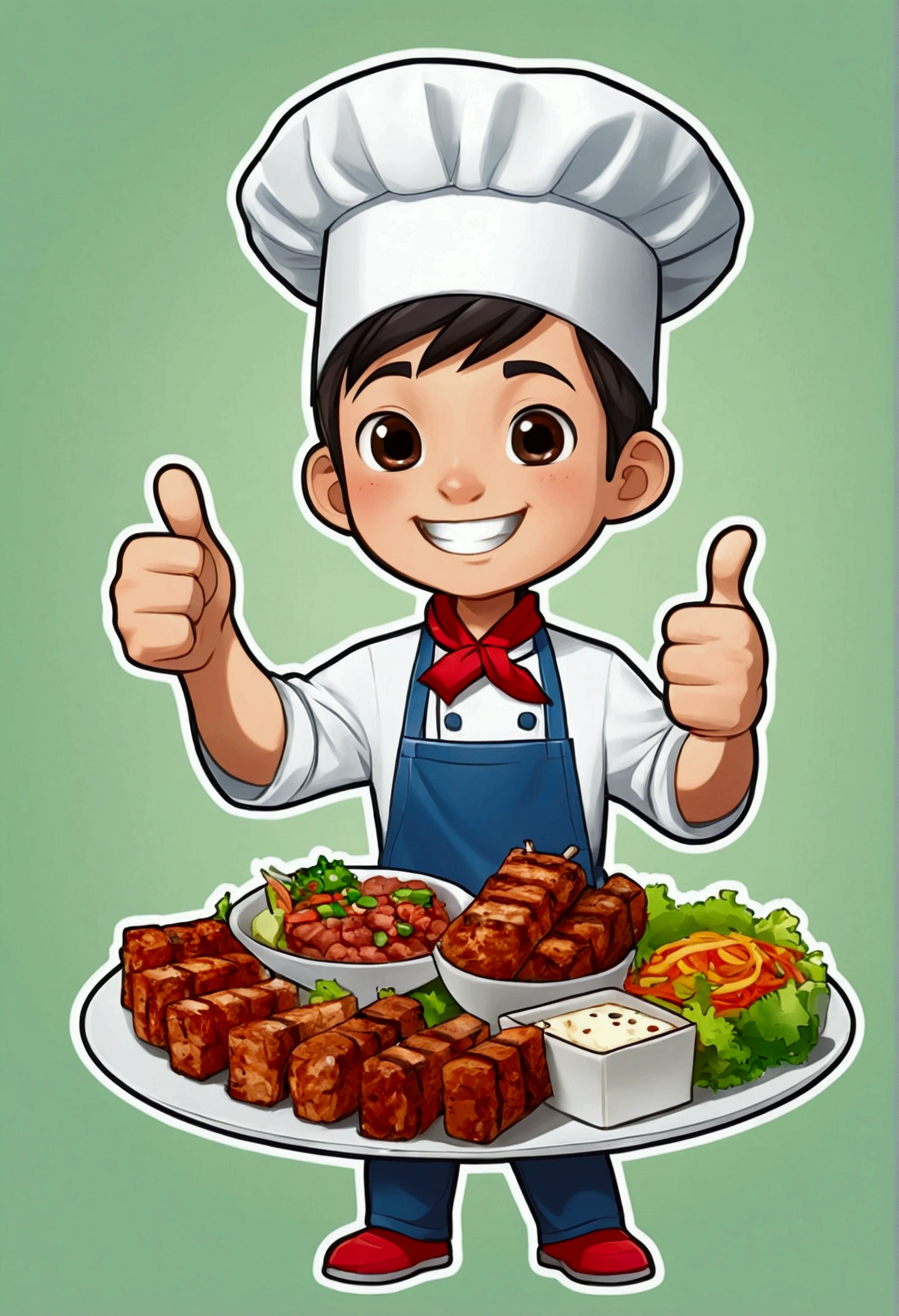 Cartoon boy holding a plate of food giving thumbs up, Telegram Stickers, Red Cliff, Telegram Stickers design, tasty, Map tofu cartoon, Offer a plate of food, Kebabs, Kawaii, Genzoman, Best Chef, Hannah's Daughter, Hayao Miyazaki, delicious food, Ahmad, akiman, Hayashida